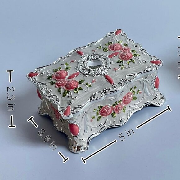 NIB. Vintage Style Metal Trinket Box. White & Silver with Roses. - Picture 3 of 4